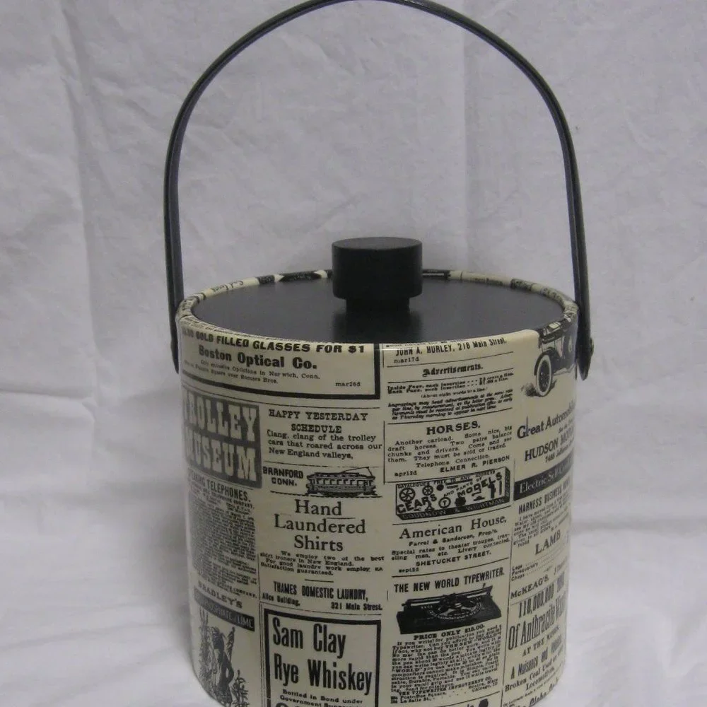 Vintage 70s Ice Bucket Retro Newspaper Advertising Print Barware Insulated